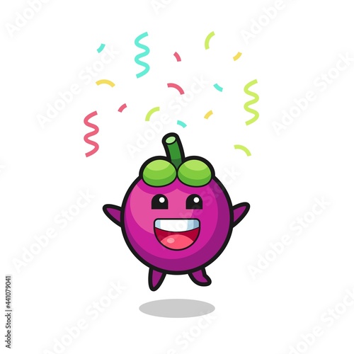 happy mangosteen mascot jumping for congratulation with colour confetti