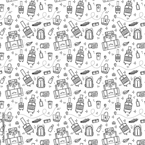 Travel and vacation seamless pattern with travel elements. Seamless pattern for design, posters, backgrounds vacation and trip theme. Suitcase, bag and tag in line style.