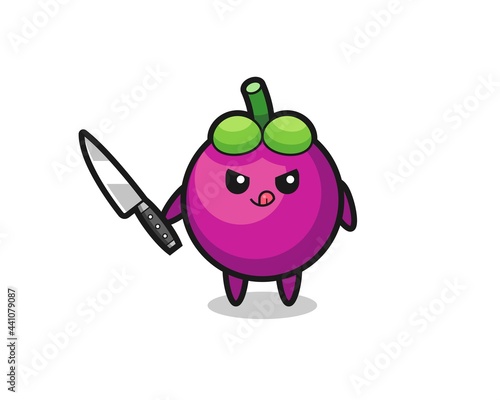 cute mangosteen mascot as a psychopath holding a knife