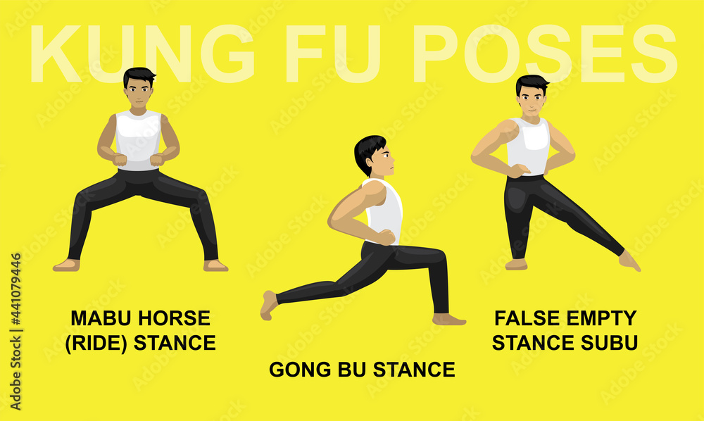 Kung Fu Poses Mabu Horse Gong Bu False Empty Subu Stance Cartoon Vector Illustration Kung Fu Poses Mabu Horse Gong Bu False Empty Subu Stance Cartoon Vector Illustration