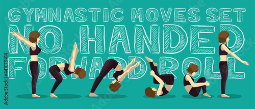 Gymnastic Moves Set No Handed Forward Roll Manga Cartoon Vector Illustration
