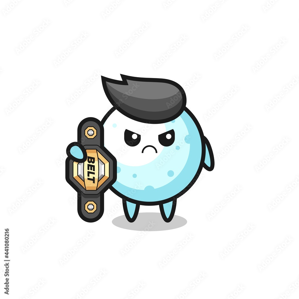 snow ball mascot character as a MMA fighter with the champion belt