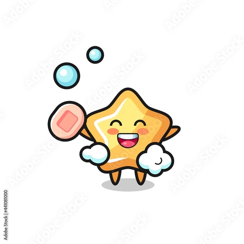 star character is bathing while holding soap