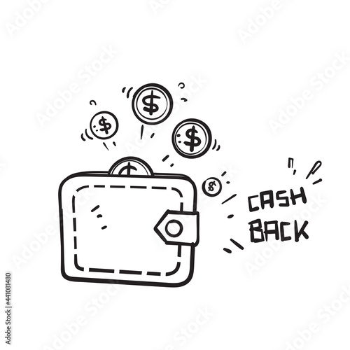hand drawn doodle wallet and money symbol for cash bask illustration icon