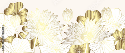 Luxury gold lotus background vector. Zen wallpaper collection with golden lotus line art. Design for yoga banner, Luxury cover design and invitation, invite, banner, Natural product packaging design.