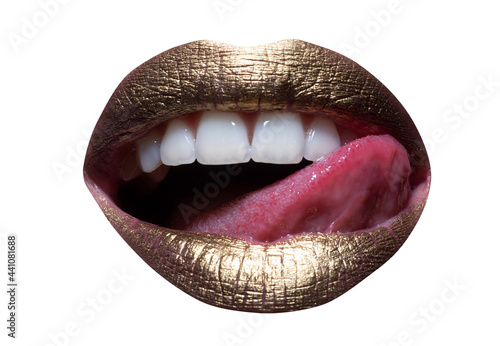 Red lips, mouth and tongue icon. Poster and banner of open mouth. Close-up woman licking lips. Female sexy mouth with tongue.