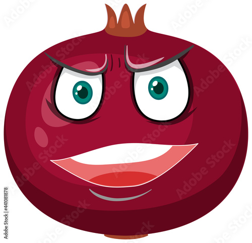 Pomegranate cartoon character with angry face expression on white background
