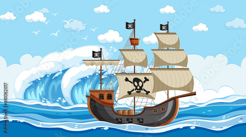 Ocean scene at day time with Pirate ship in cartoon style