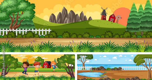 Set of different outdoor landscape scenes with cartoon character