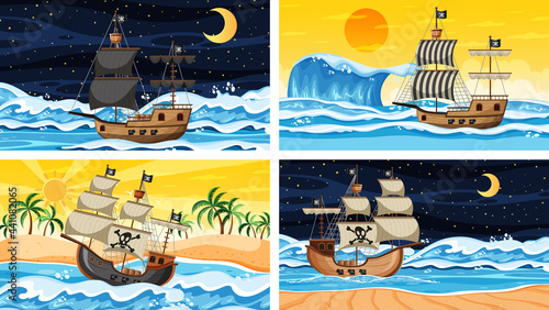 Set of Ocean with Pirate ship at different times scenes in cartoon style