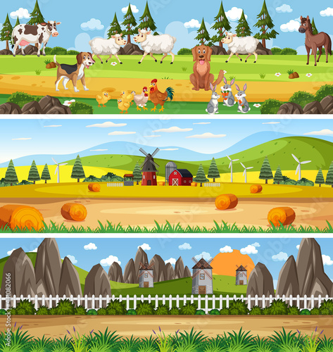 Outdoor panorama landscape scene set with cartoon character