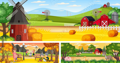 Outdoor panoramic landscape scenes set with cartoon character
