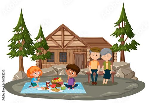 Old couple doing picnic in with many children the park isolated