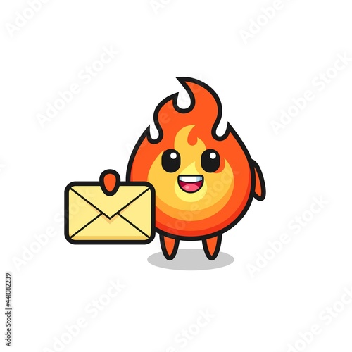 cartoon illustration of fire holding a yellow letter