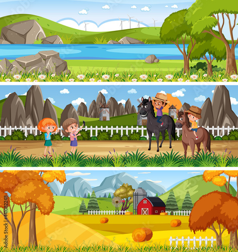 Different nature landscape at daytime scene with cartoon character
