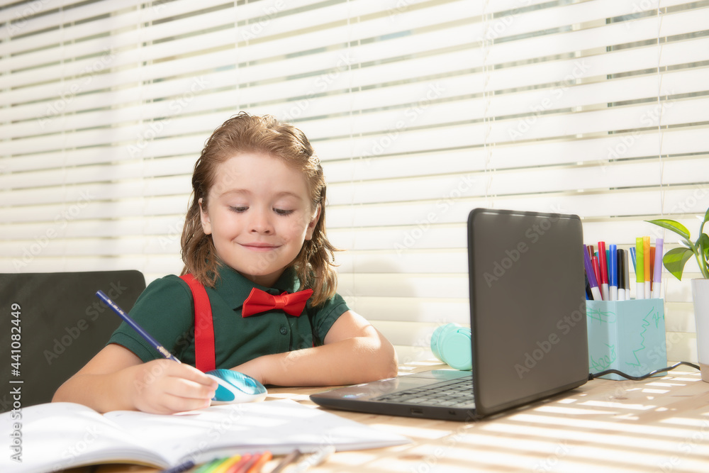Schoolboy studying and using computer laptop and writing on notebook. Nerd pupil. Schoolboy studying and using computer laptop and writing on notebook. Nerd pupil.