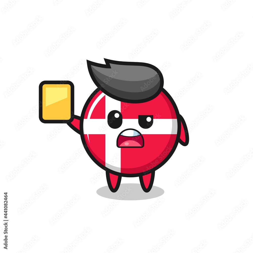 cartoon denmark flag badge character as a football referee giving a yellow card