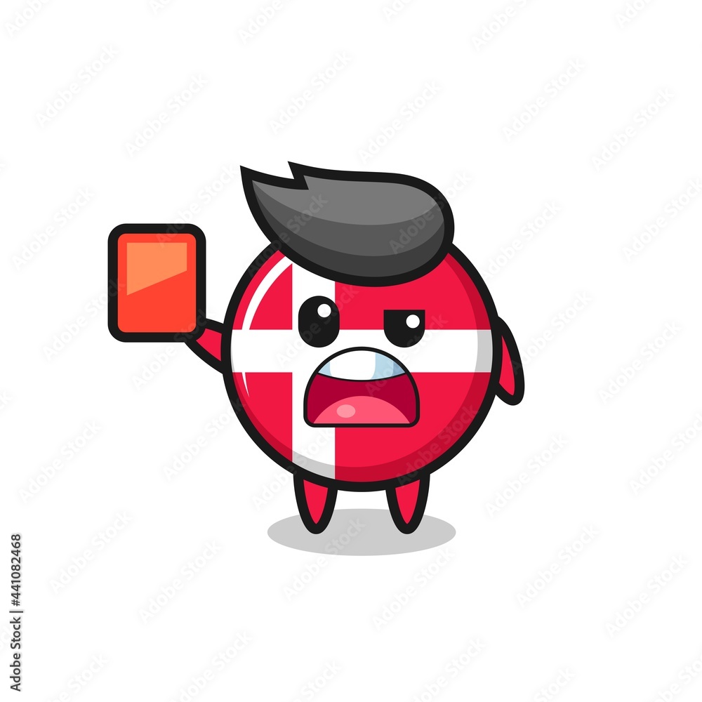 denmark flag badge cute mascot as referee giving a red card