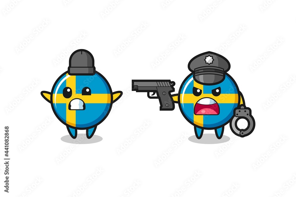 illustration of sweden flag badge robber with hands up pose caught by police