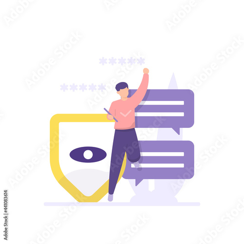 illustration of happy people because they are protected from prying eyes. shield and anti spy. information protection icon concept, safe chat, chat privacy. security technology. flat cartoon style