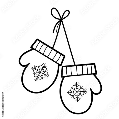 Christmas coloring book or page. Mittens black and white vector illustration