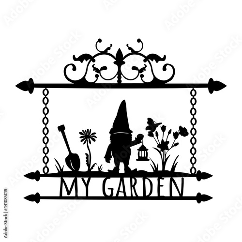 garden gnome holding a street lamp, garden shovel, flowers with a butterfly, metal openwork vyvseka. laser cut design. vector. eps	
