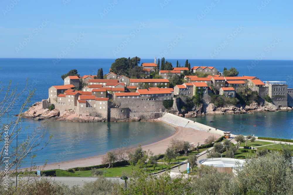 Sveti Stefan, Montenegro. Mediterranean sea. View of famous island-resort.