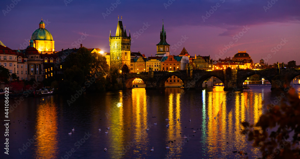 View of illuminated Charles Bridge at night, Prague, Czech Republic