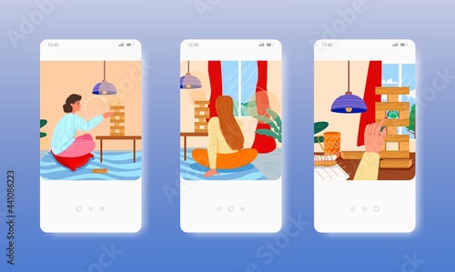 Woman playing jenga board game sitting on floor. Mobile app screens, vector website banner template. UI, web site design