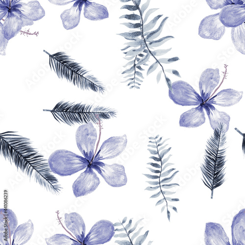 Navy Seamless Leaves. Cobalt Pattern Botanical. White Tropical Design. Blue Flower Leaf. Indigo Drawing Nature. Gray Watercolor Botanical. Spring Illustration.