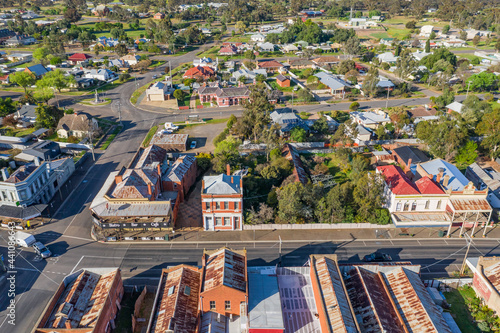 Aerial view of the streetscape of a country town with historic buildings photo