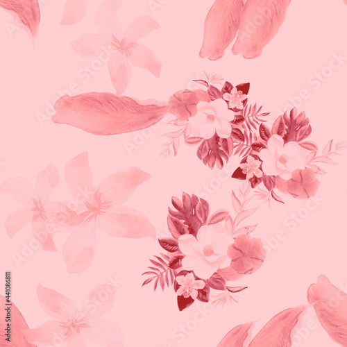 Coral Seamless Palm. White Pattern Leaf. Gray Tropical Illustration. Pink Flower Hibiscus. Flora Hibiscus. Watercolor Painting. Floral Botanical. Summer Exotic.