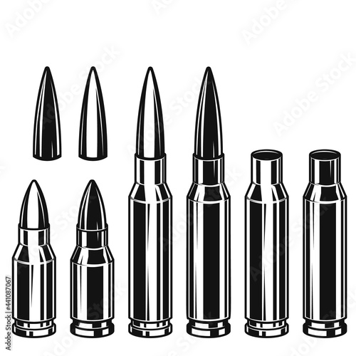 Set of Illustrations of bullets and cartridges in vintage monochrome style. Design element for logo, label, sign, emblem, poster. Vector illustration