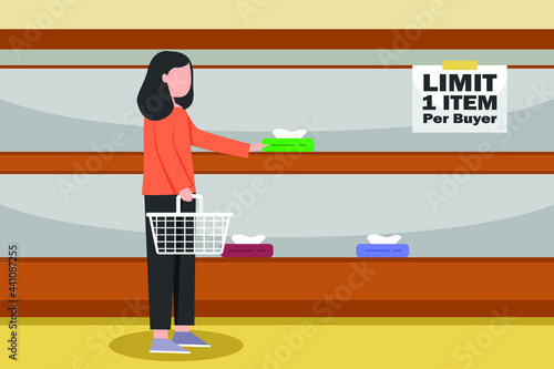 Limit shopping item vector concept: Young woman shopping in supermarket with limit shopping item 