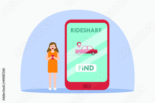 Ride share vector concept: Young woman waiting her online taxi while using her cellphone 