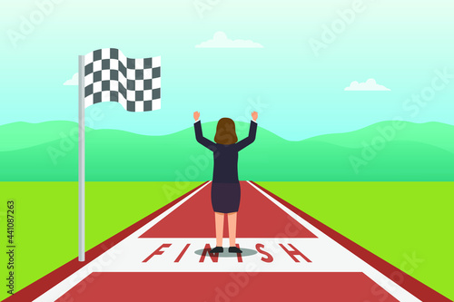 Business competition vector concept: Young woman winning the competition in finish line 