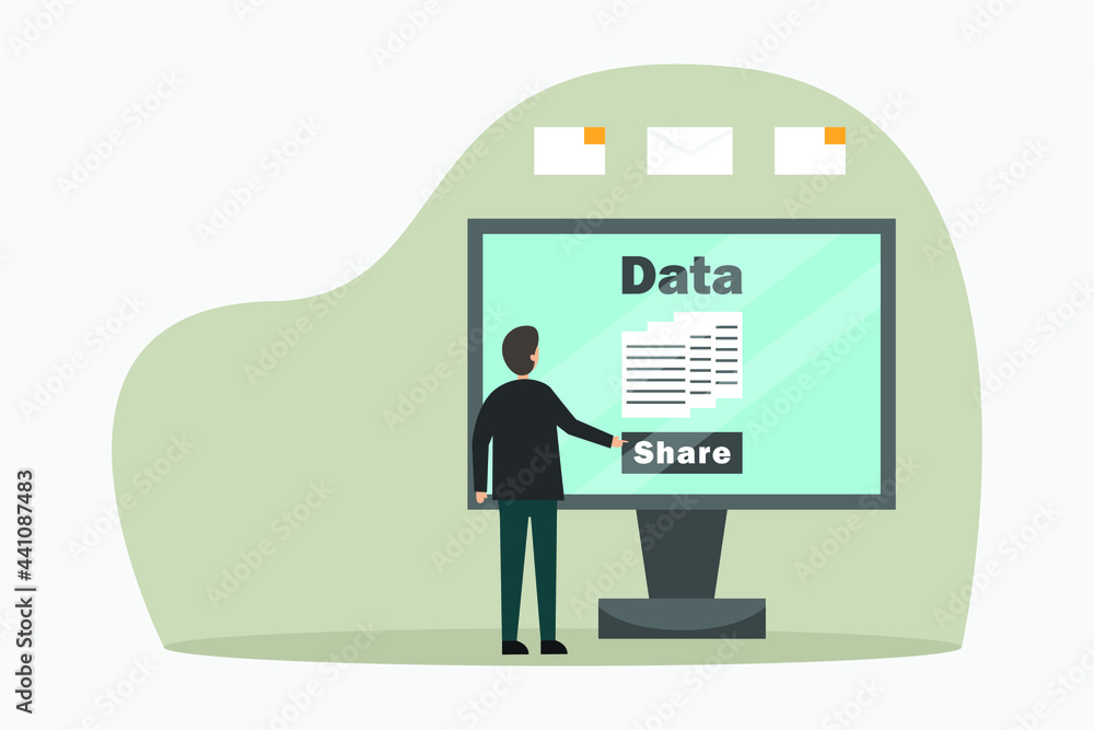 Sharing data vector concept: Young businessman sharing his business data while standing in front of the screen Sharing data vector concept: Young businessman sharing his business data while standing in front of the screen