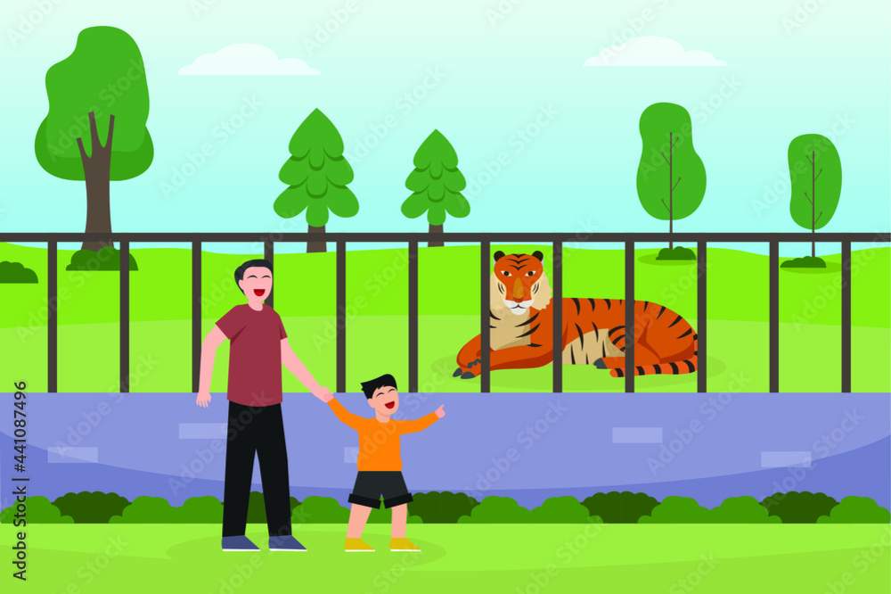 Fototapeta premium Vacation vector concept: Young father and little son looking the tiger in the zoo while enjoying their holiday 