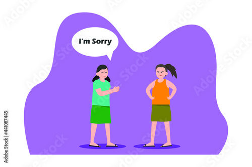Asking forgiveness vector concept: Teenage girl asking forgiveness to her friend while standing together 