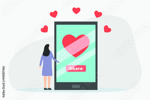 Sharing love vector concept: Young woman looking at her smartphone while sharing heart picture 