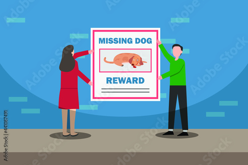 Missing pets vector concept: Young couple put missing dog poster on the wall  while standing on the street