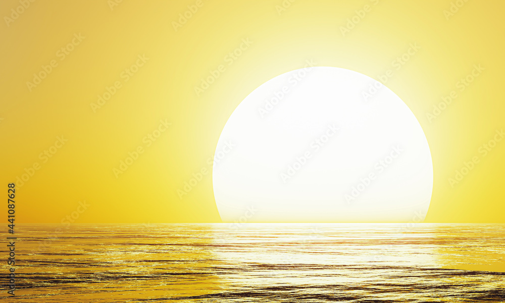 sunset by the sea or the ocean. The reflection of the sun on the sea with waves For use as a background or wallpaper. 3D Rendering