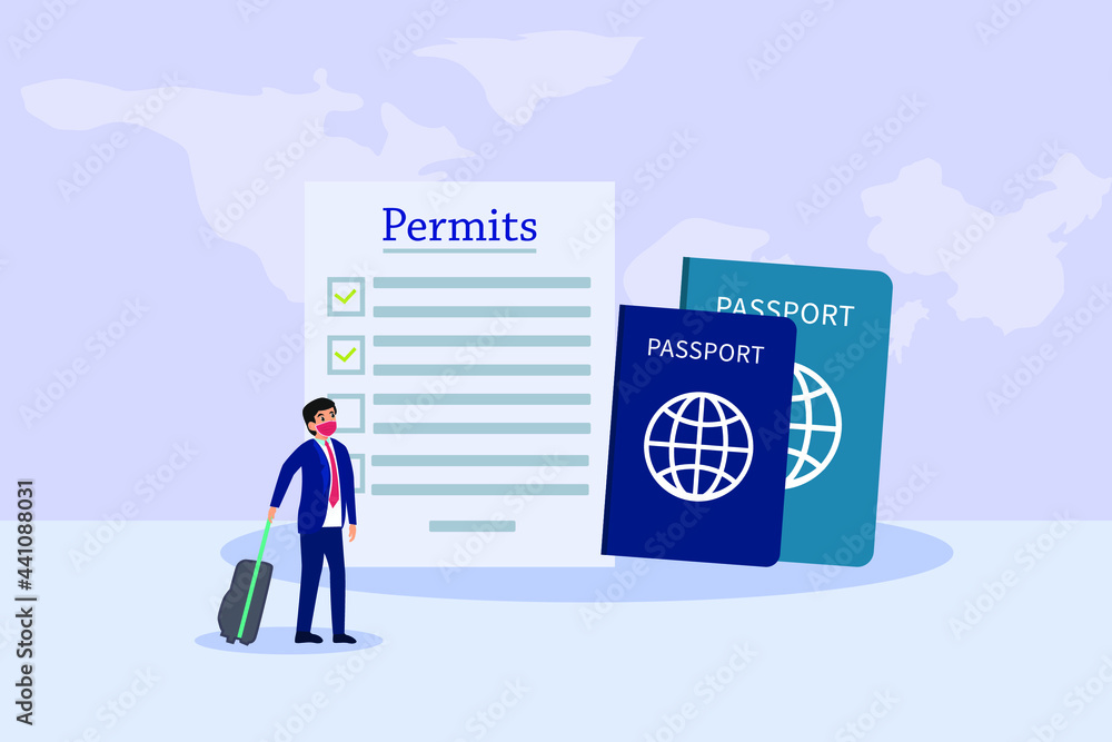 Passport vector concept. Businessman with permits document and passport Passport vector concept. Businessman with permits document and passport