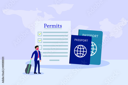 Passport vector concept. Businessman with permits document and passport