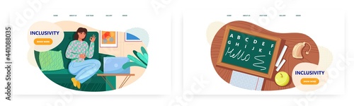Inclusivity landing page design, website banner vector templates. Woman talking using deaf mute sign language.