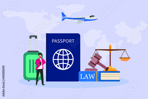 Immigration vector concept. Businessman with passport and law book