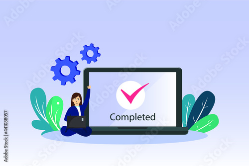 Completed vector concept. Businesswoman using laptop with completed tick sign on the screen