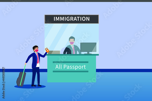 Immigration vector concept. Businessman standing on the immigration counter checkpoint in airport