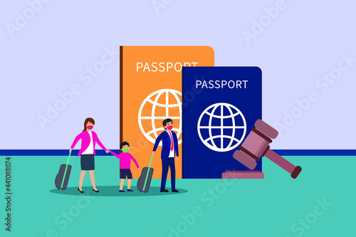 Passport vector concept. Refugee with passport and a judge gavel