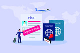 Passport vector concept. Businessman with approved visa and passport
